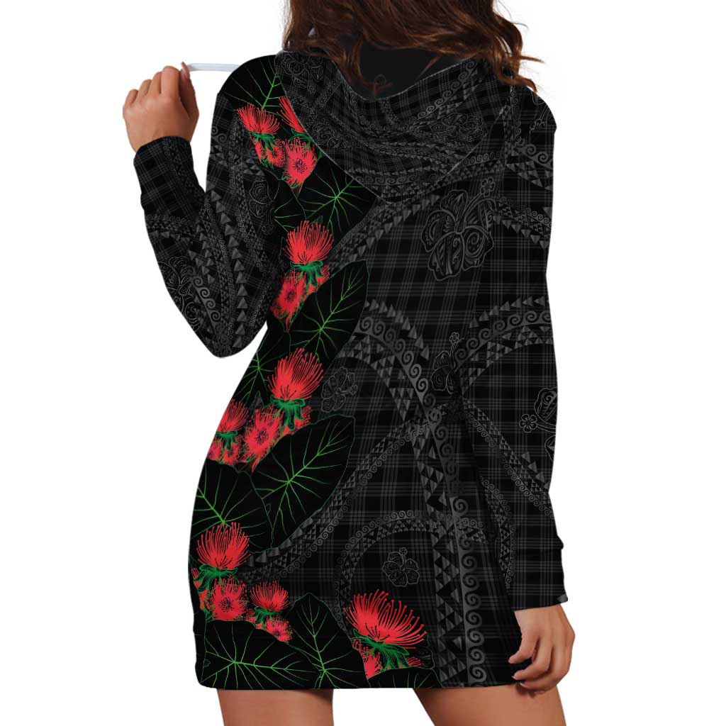 Hawaiian Kakau Art Hoodie Dress Taro Leaves with Ohia Lehua and Pakala Pattern - Polynesian Pride