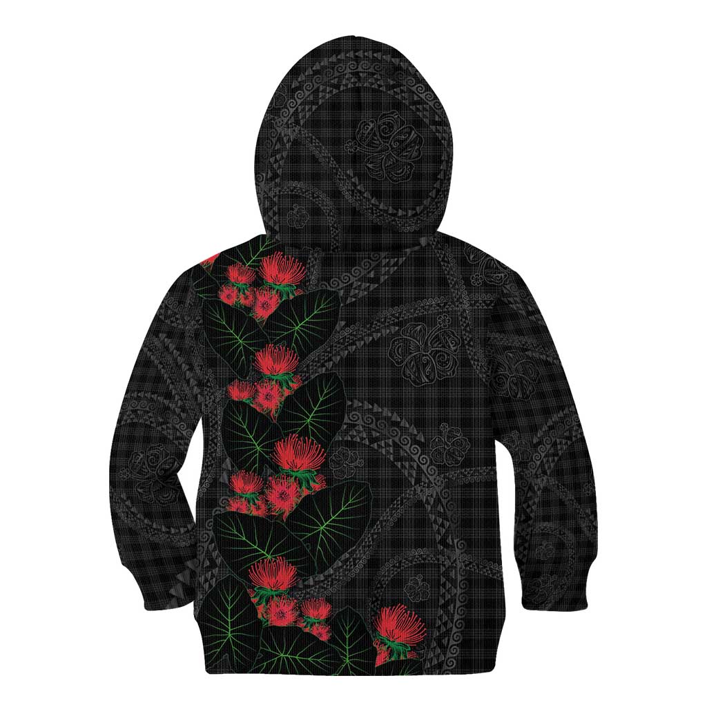 Hawaiian Kakau Art Kid Hoodie Taro Leaves with Ohia Lehua and Pakala Pattern - Polynesian Pride