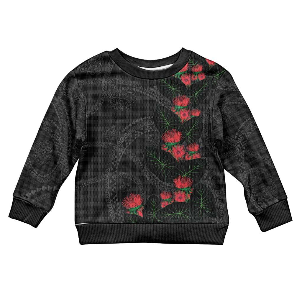 Hawaiian Kakau Art Kid Ugly Christmas Sweater Taro Leaves with Ohia Lehua and Pakala Pattern - Polynesian Pride