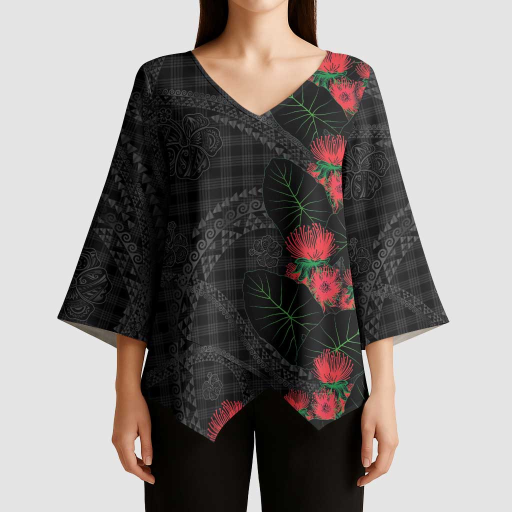 Hawaiian Kakau Art Kimono Sleeve Blouse Taro Leaves with Ohia Lehua and Pakala Pattern - Polynesian Pride