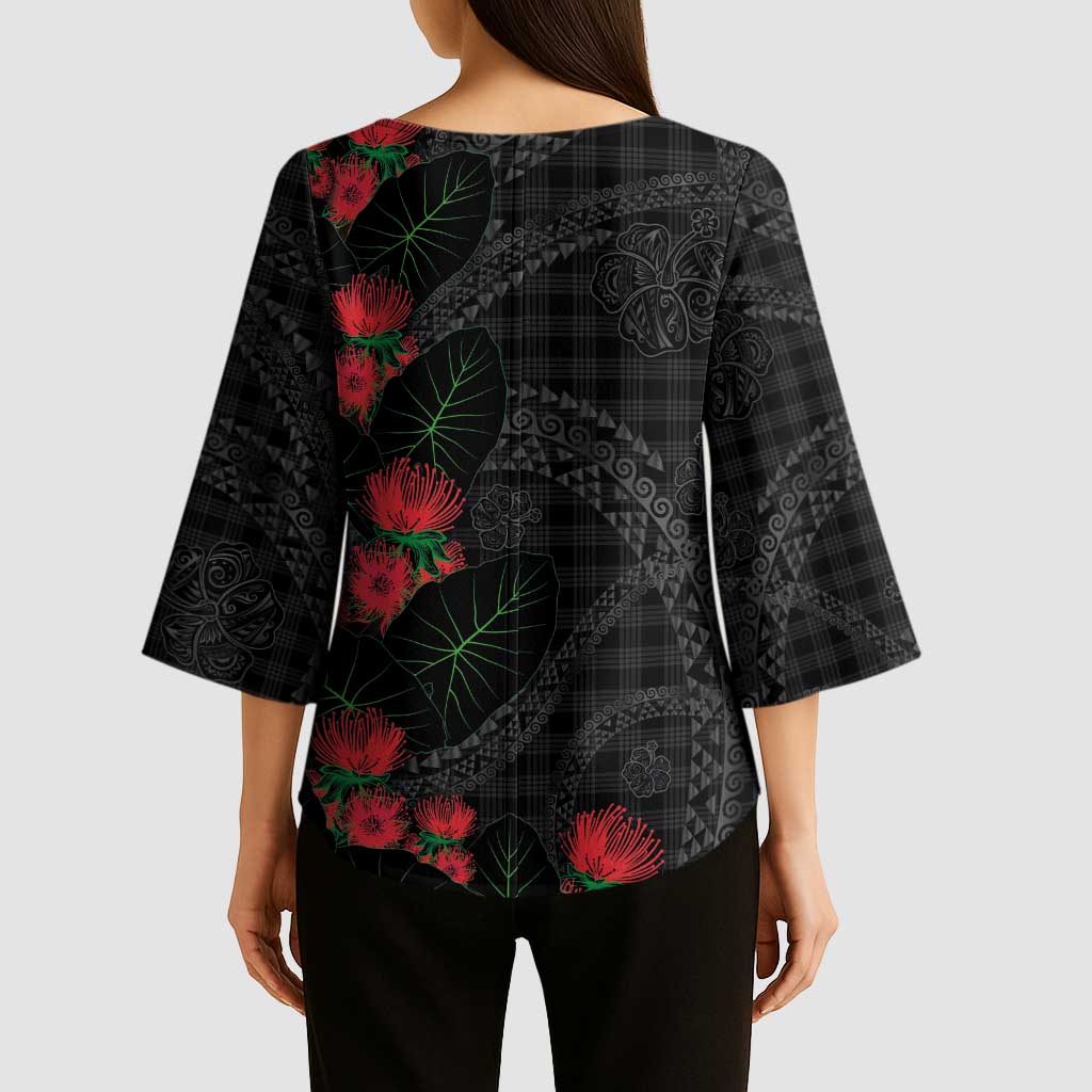 Hawaiian Kakau Art Kimono Sleeve Blouse Taro Leaves with Ohia Lehua and Pakala Pattern - Polynesian Pride
