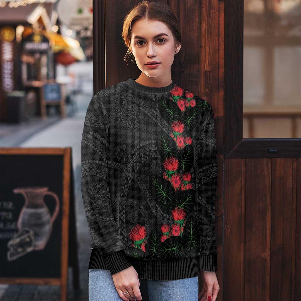 Hawaiian Kakau Art Ugly Christmas Sweater Taro Leaves with Ohia Lehua and Pakala Pattern - Polynesian Pride