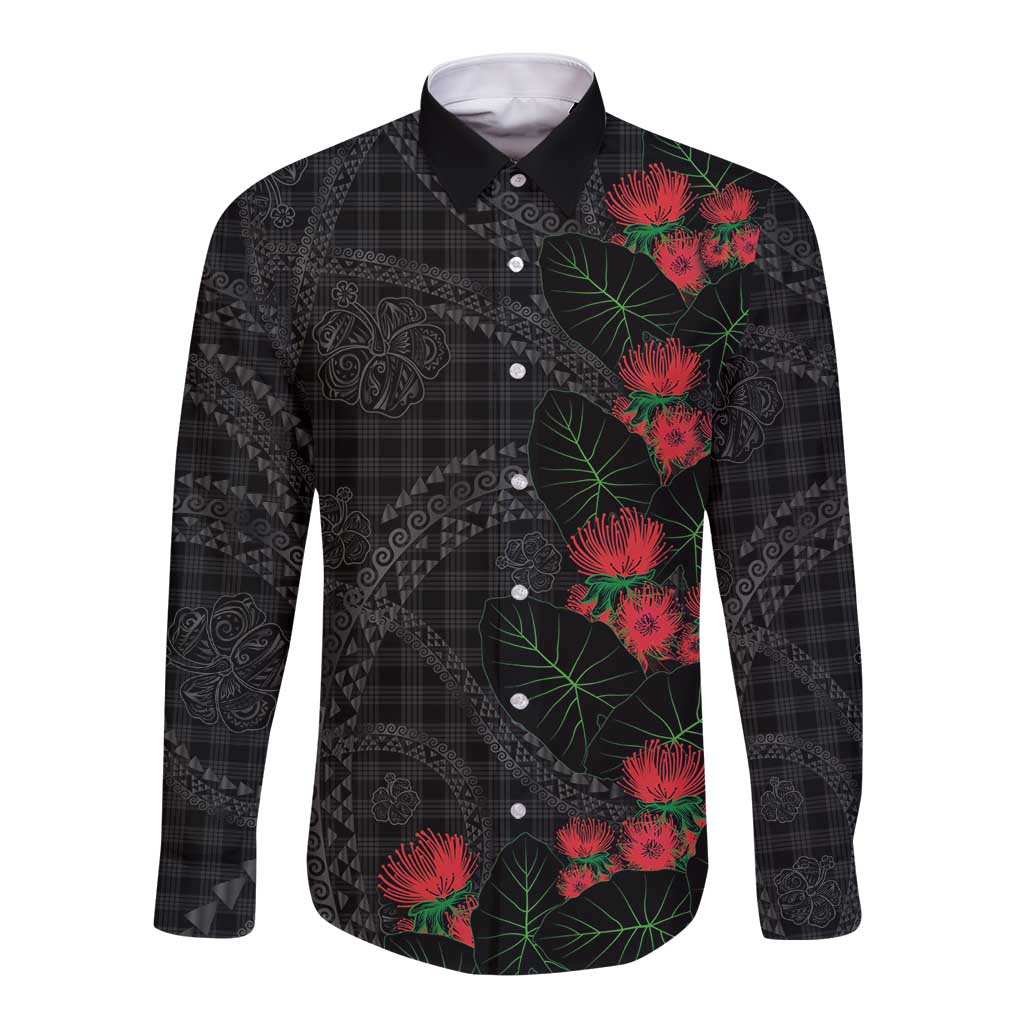 Hawaiian Kakau Art Long Sleeve Button Shirt Taro Leaves with Ohia Lehua and Pakala Pattern - Polynesian Pride