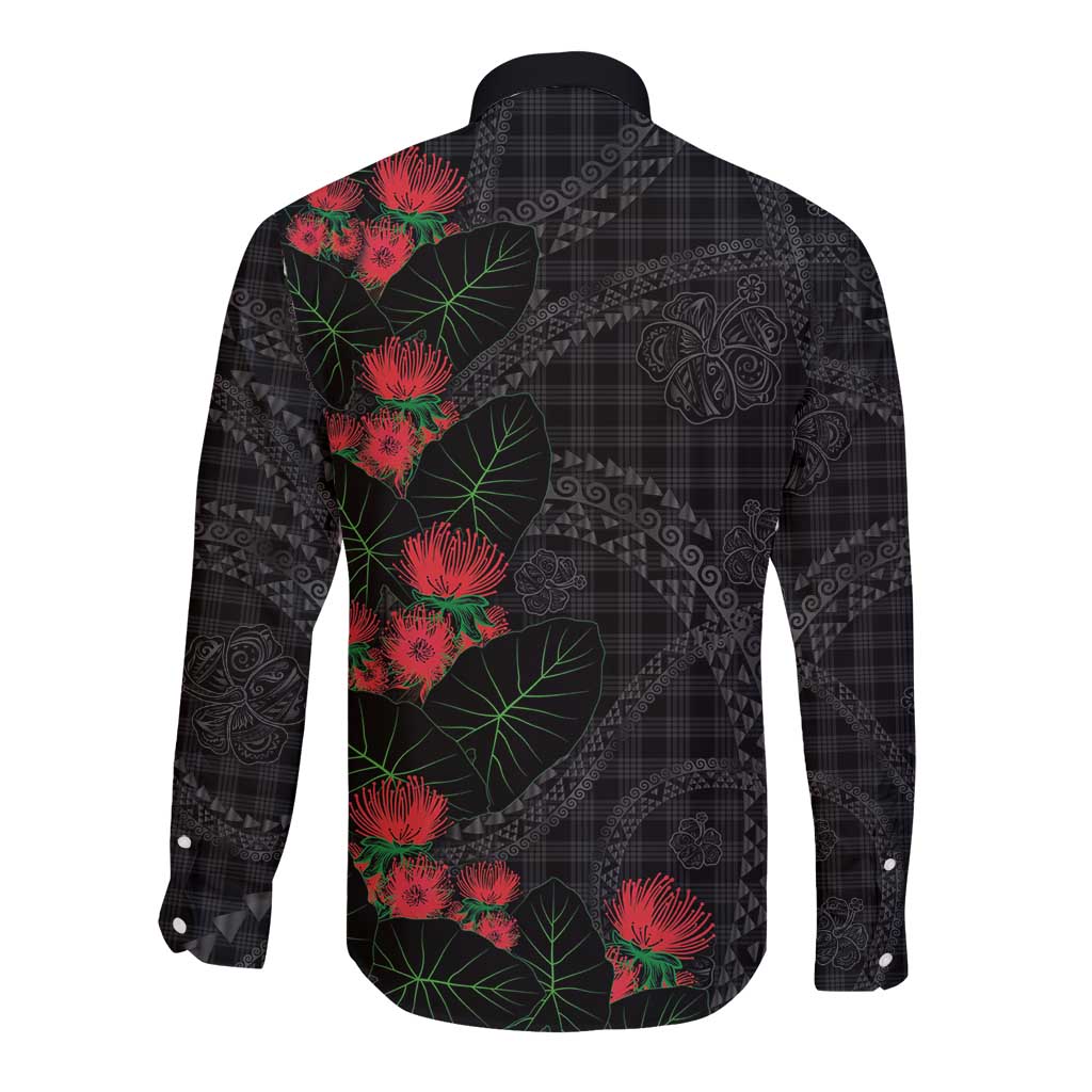Hawaiian Kakau Art Long Sleeve Button Shirt Taro Leaves with Ohia Lehua and Pakala Pattern - Polynesian Pride