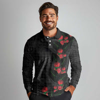 Hawaiian Kakau Art Long Sleeve Polo Shirt Taro Leaves with Ohia Lehua and Pakala Pattern - Polynesian Pride