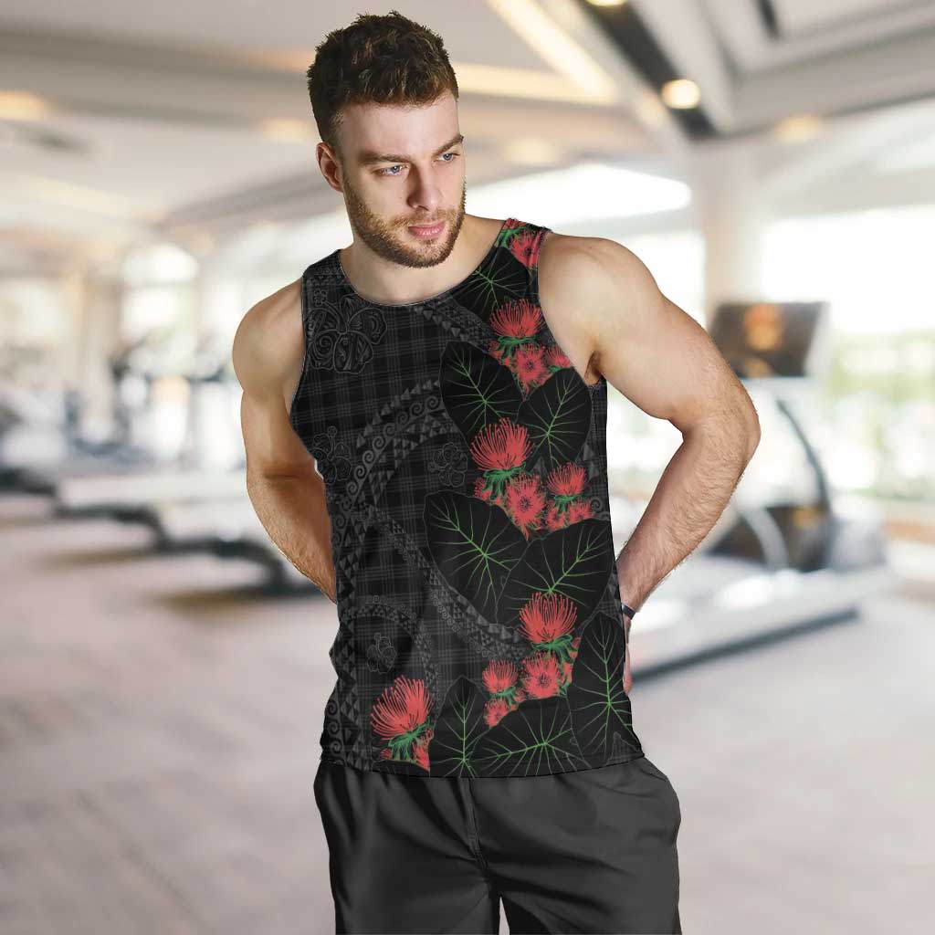 Hawaiian Kakau Art Men Tank Top Taro Leaves with Ohia Lehua and Pakala Pattern - Polynesian Pride