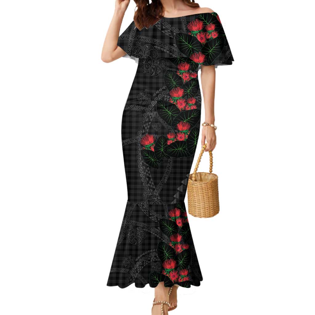Hawaiian Kakau Art Mermaid Dress Taro Leaves with Ohia Lehua and Pakala Pattern - Polynesian Pride