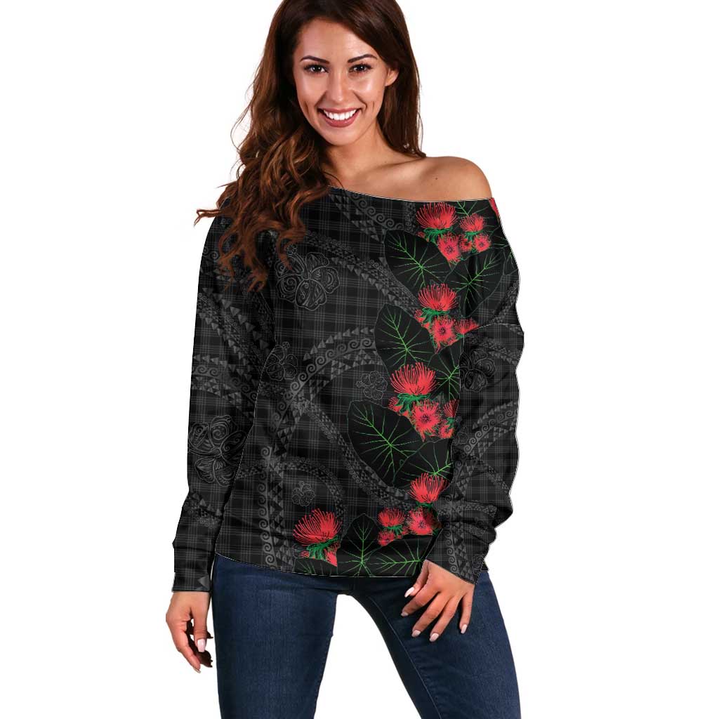Hawaiian Kakau Art Off Shoulder Sweater Taro Leaves with Ohia Lehua and Pakala Pattern LT03 Women Black - Polynesian Pride