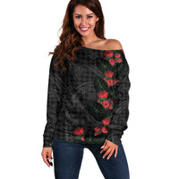 Hawaiian Kakau Art Off Shoulder Sweater Taro Leaves with Ohia Lehua and Pakala Pattern LT03 Women Black - Polynesian Pride