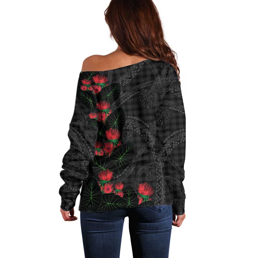 Hawaiian Kakau Art Off Shoulder Sweater Taro Leaves with Ohia Lehua and Pakala Pattern LT03 - Polynesian Pride