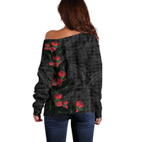 Hawaiian Kakau Art Off Shoulder Sweater Taro Leaves with Ohia Lehua and Pakala Pattern LT03 - Polynesian Pride