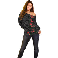 Hawaiian Kakau Art Off Shoulder Sweater Taro Leaves with Ohia Lehua and Pakala Pattern LT03 - Polynesian Pride