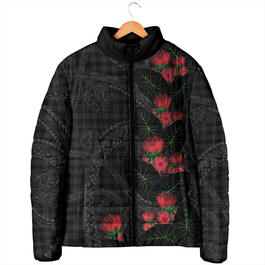 Hawaiian Kakau Art Padded Jacket Taro Leaves with Ohia Lehua and Pakala Pattern - Polynesian Pride