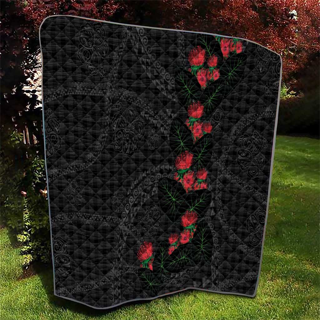 Hawaiian Kakau Art Quilt Taro Leaves with Ohia Lehua and Pakala Pattern - Polynesian Pride