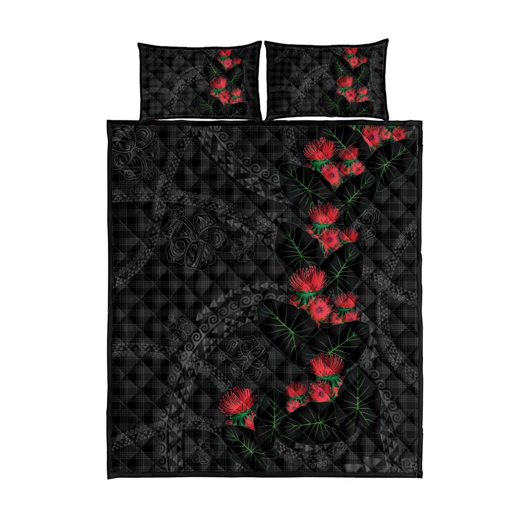 Hawaiian Kakau Art Quilt Bed Set Taro Leaves with Ohia Lehua and Pakala Pattern - Polynesian Pride