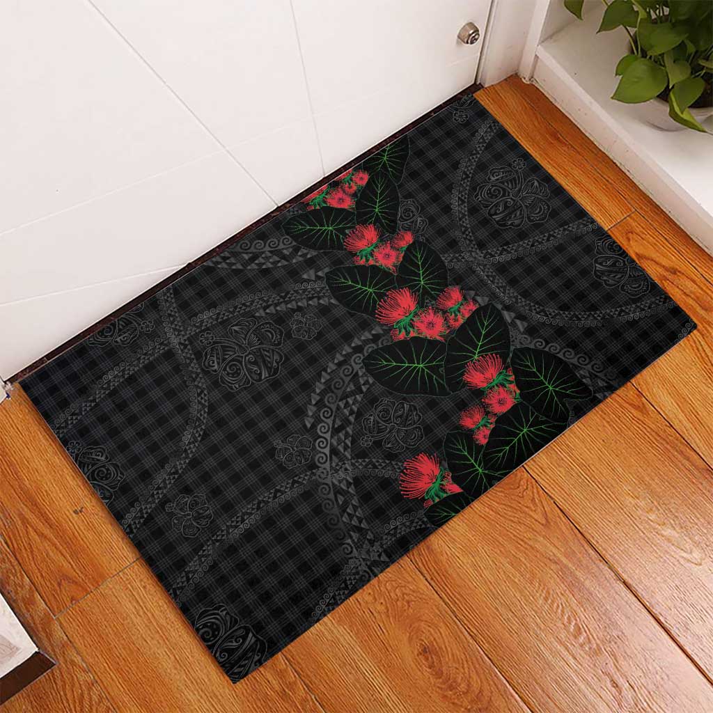 Hawaiian Kakau Art Rubber Doormat Taro Leaves with Ohia Lehua and Pakala Pattern - Polynesian Pride