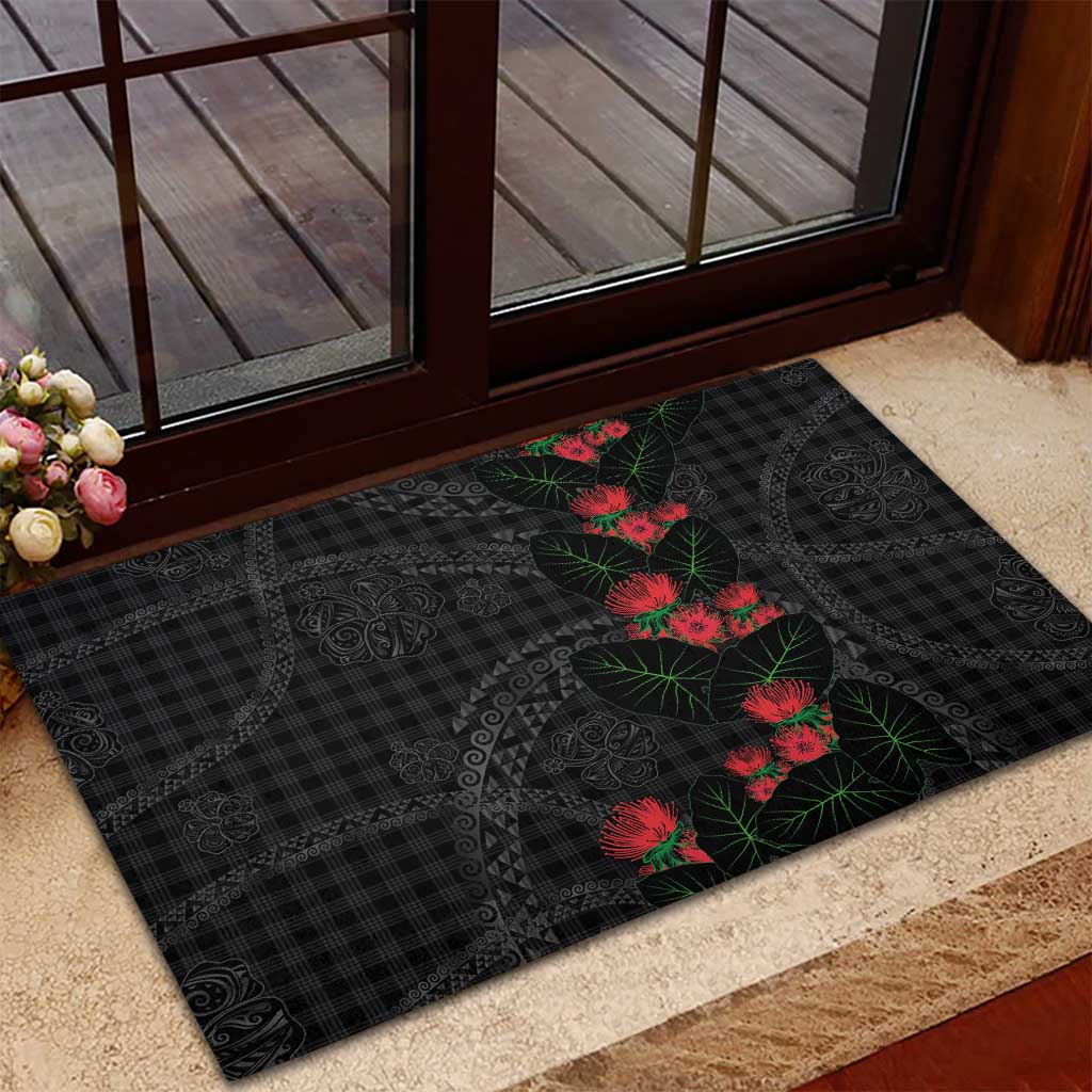 Hawaiian Kakau Art Rubber Doormat Taro Leaves with Ohia Lehua and Pakala Pattern - Polynesian Pride