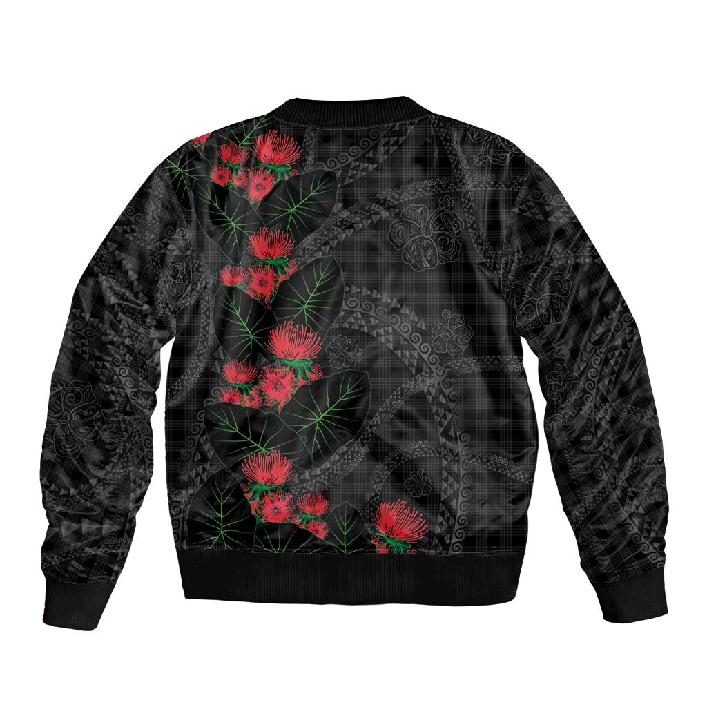 Hawaiian Kakau Art Sleeve Zip Bomber Jacket Taro Leaves with Ohia Lehua and Pakala Pattern - Polynesian Pride