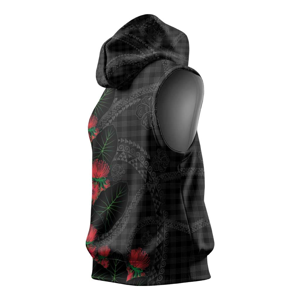 Hawaiian Kakau Art Sleeveless Hoodie Taro Leaves with Ohia Lehua and Pakala Pattern - Polynesian Pride