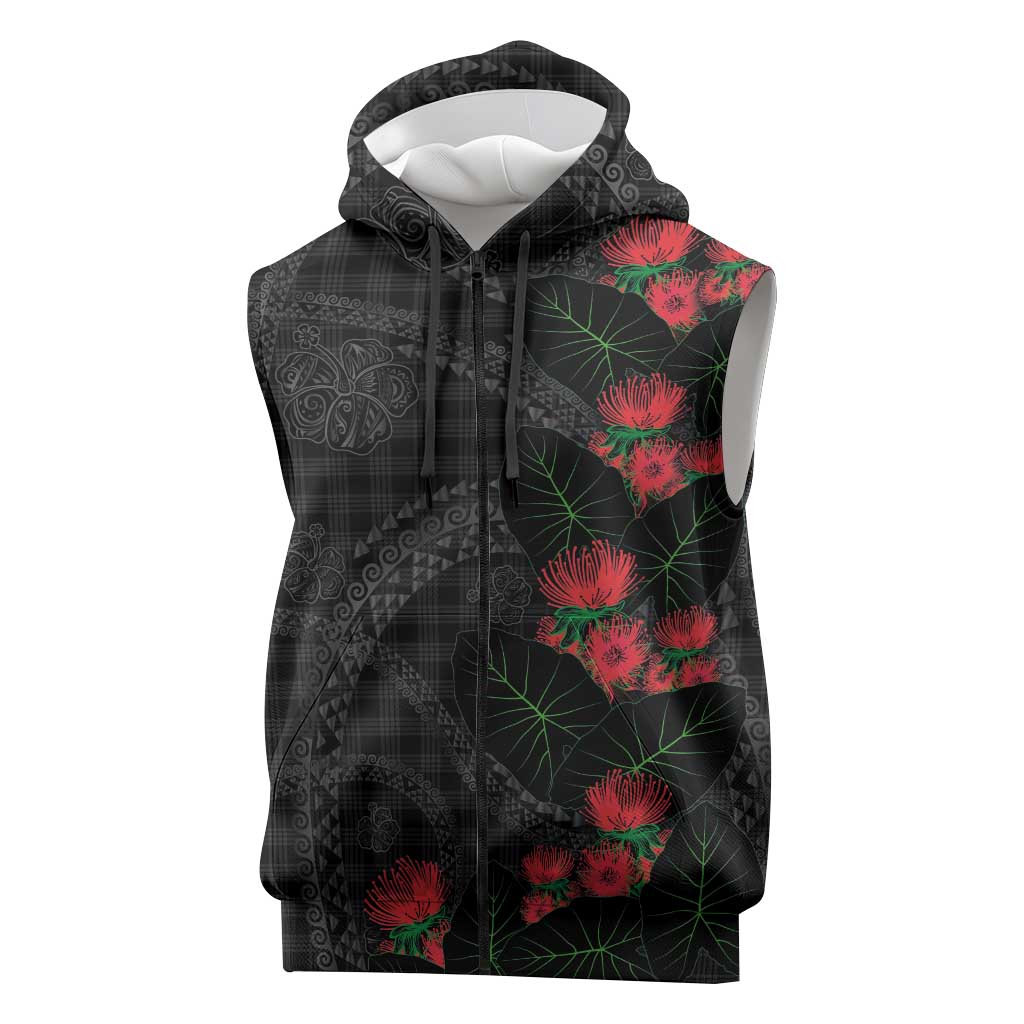 Hawaiian Kakau Art Sleeveless Zip Hoodie Taro Leaves with Ohia Lehua and Pakala Pattern - Polynesian Pride