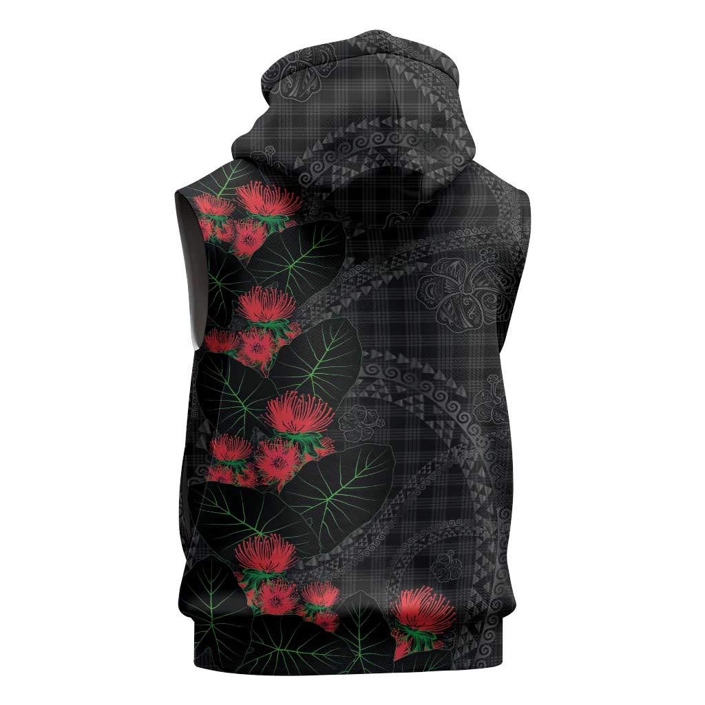 Hawaiian Kakau Art Sleeveless Zip Hoodie Taro Leaves with Ohia Lehua and Pakala Pattern - Polynesian Pride