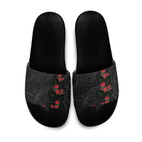 Hawaiian Kakau Art Slide Sandals Taro Leaves with Ohia Lehua and Pakala Pattern LT03 Black - Polynesian Pride