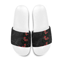 Hawaiian Kakau Art Slide Sandals Taro Leaves with Ohia Lehua and Pakala Pattern LT03 Black - Polynesian Pride