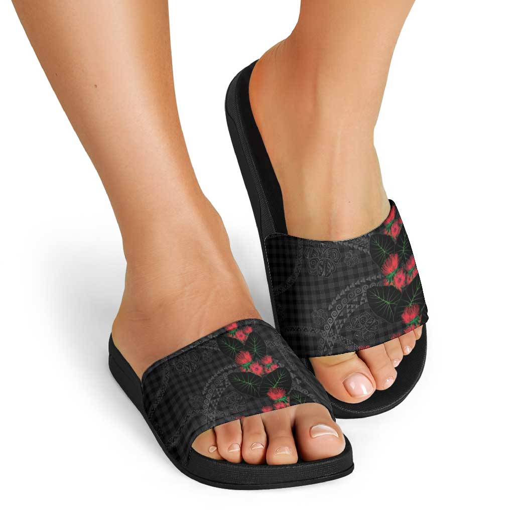 Hawaiian Kakau Art Slide Sandals Taro Leaves with Ohia Lehua and Pakala Pattern LT03 - Polynesian Pride