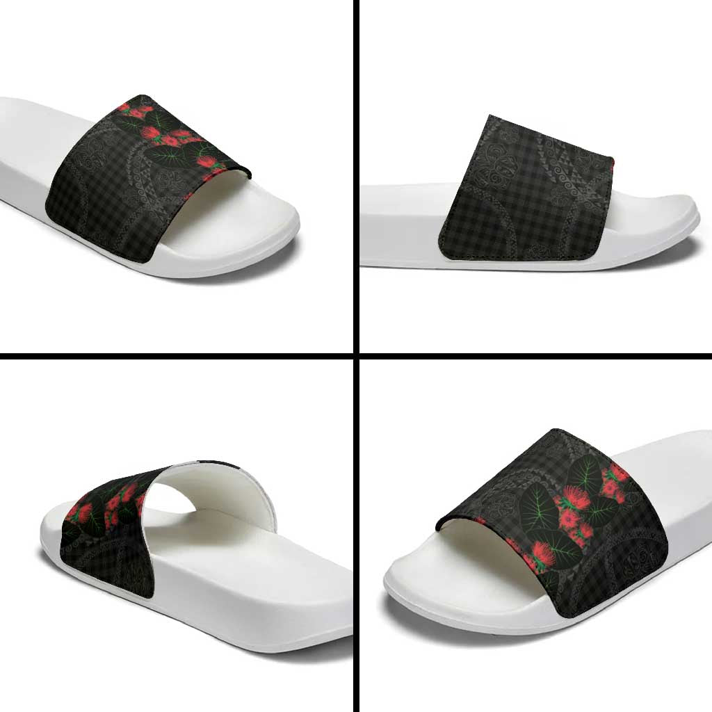 Hawaiian Kakau Art Slide Sandals Taro Leaves with Ohia Lehua and Pakala Pattern LT03 - Polynesian Pride