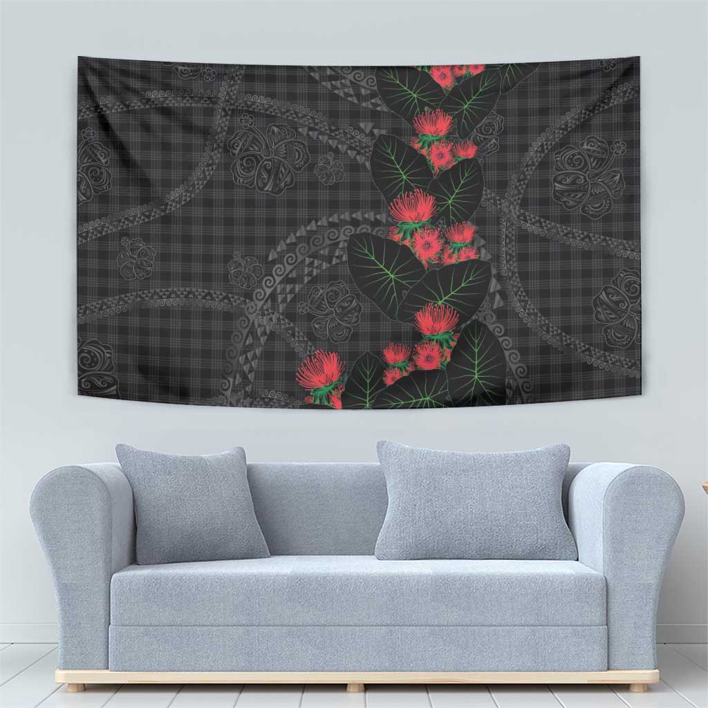 Hawaiian Kakau Art Tapestry Taro Leaves with Ohia Lehua and Pakala Pattern - Polynesian Pride