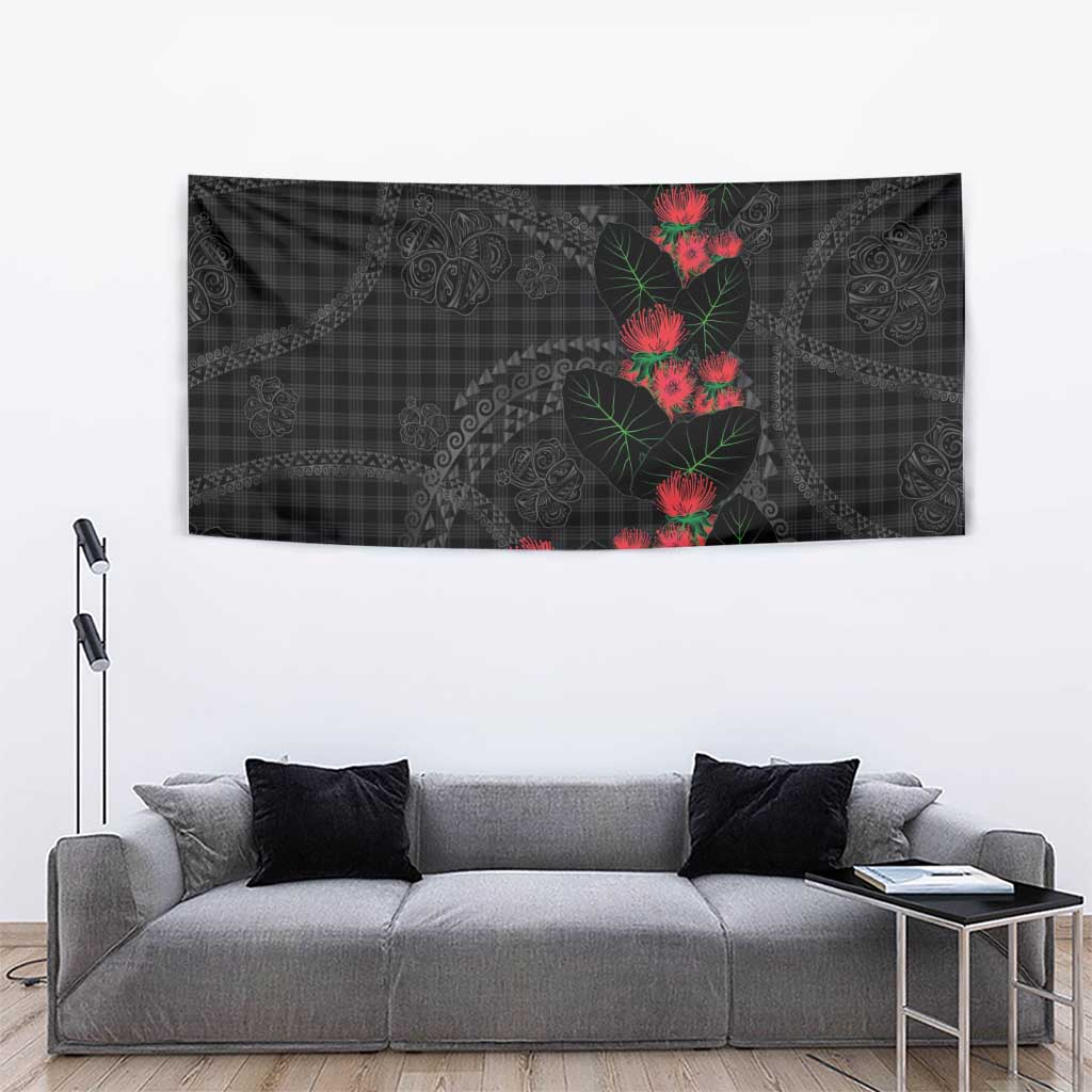 Hawaiian Kakau Art Tapestry Taro Leaves with Ohia Lehua and Pakala Pattern - Polynesian Pride