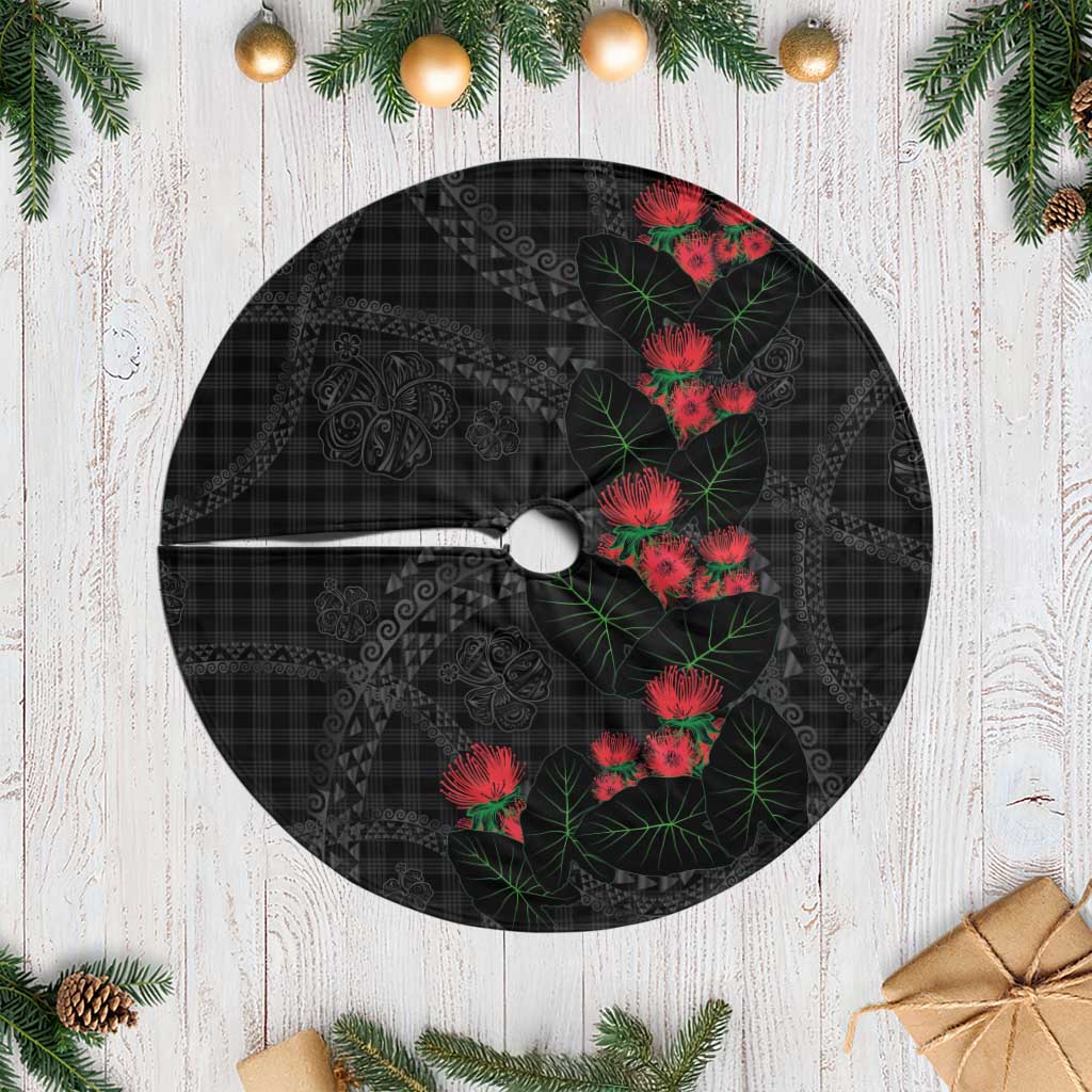 Hawaiian Kakau Art Tree Skirt Taro Leaves with Ohia Lehua and Pakala Pattern - Polynesian Pride