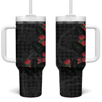 Hawaiian Kakau Art Tumbler With Handle Taro Leaves with Ohia Lehua and Pakala Pattern LT03 One Size: 40 oz Black - Polynesian Pride