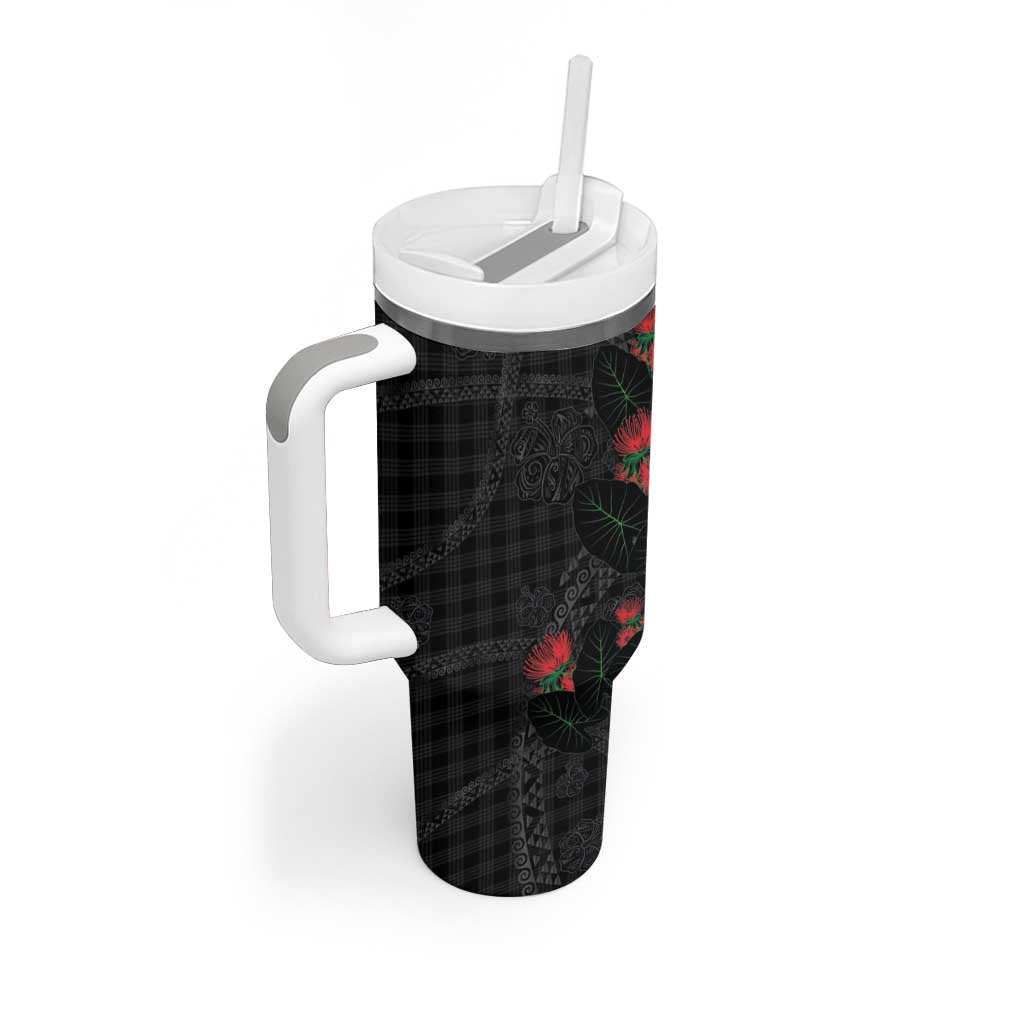 Hawaiian Kakau Art Tumbler With Handle Taro Leaves with Ohia Lehua and Pakala Pattern LT03 - Polynesian Pride