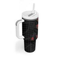 Hawaiian Kakau Art Tumbler With Handle Taro Leaves with Ohia Lehua and Pakala Pattern LT03 - Polynesian Pride