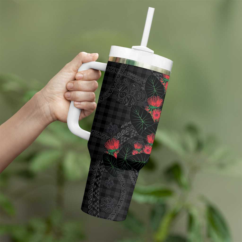 Hawaiian Kakau Art Tumbler With Handle Taro Leaves with Ohia Lehua and Pakala Pattern LT03 - Polynesian Pride