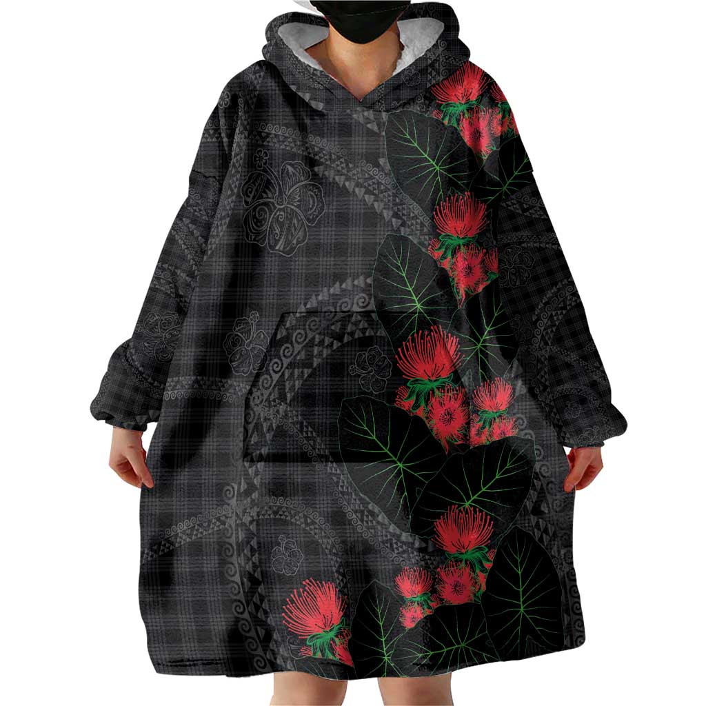 Hawaiian Kakau Art Wearable Blanket Hoodie Taro Leaves with Ohia Lehua and Pakala Pattern - Polynesian Pride