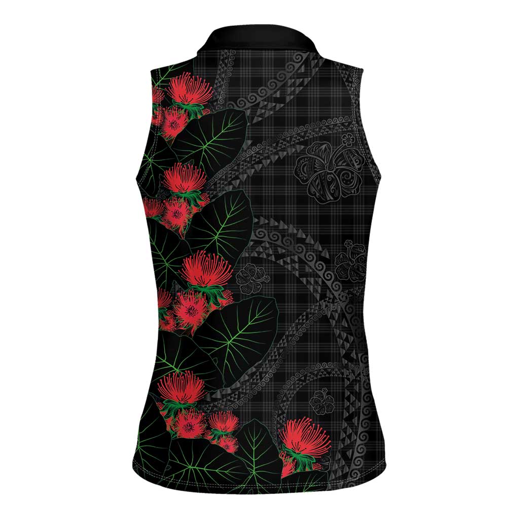 Hawaiian Kakau Art Women Sleeveless Polo Shirt Taro Leaves with Ohia Lehua and Pakala Pattern - Polynesian Pride