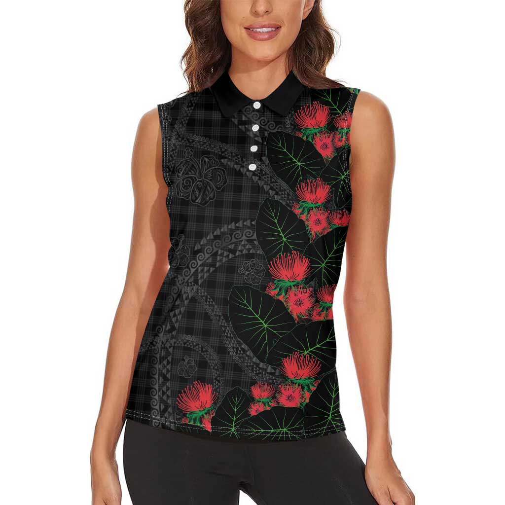 Hawaiian Kakau Art Women Sleeveless Polo Shirt Taro Leaves with Ohia Lehua and Pakala Pattern - Polynesian Pride