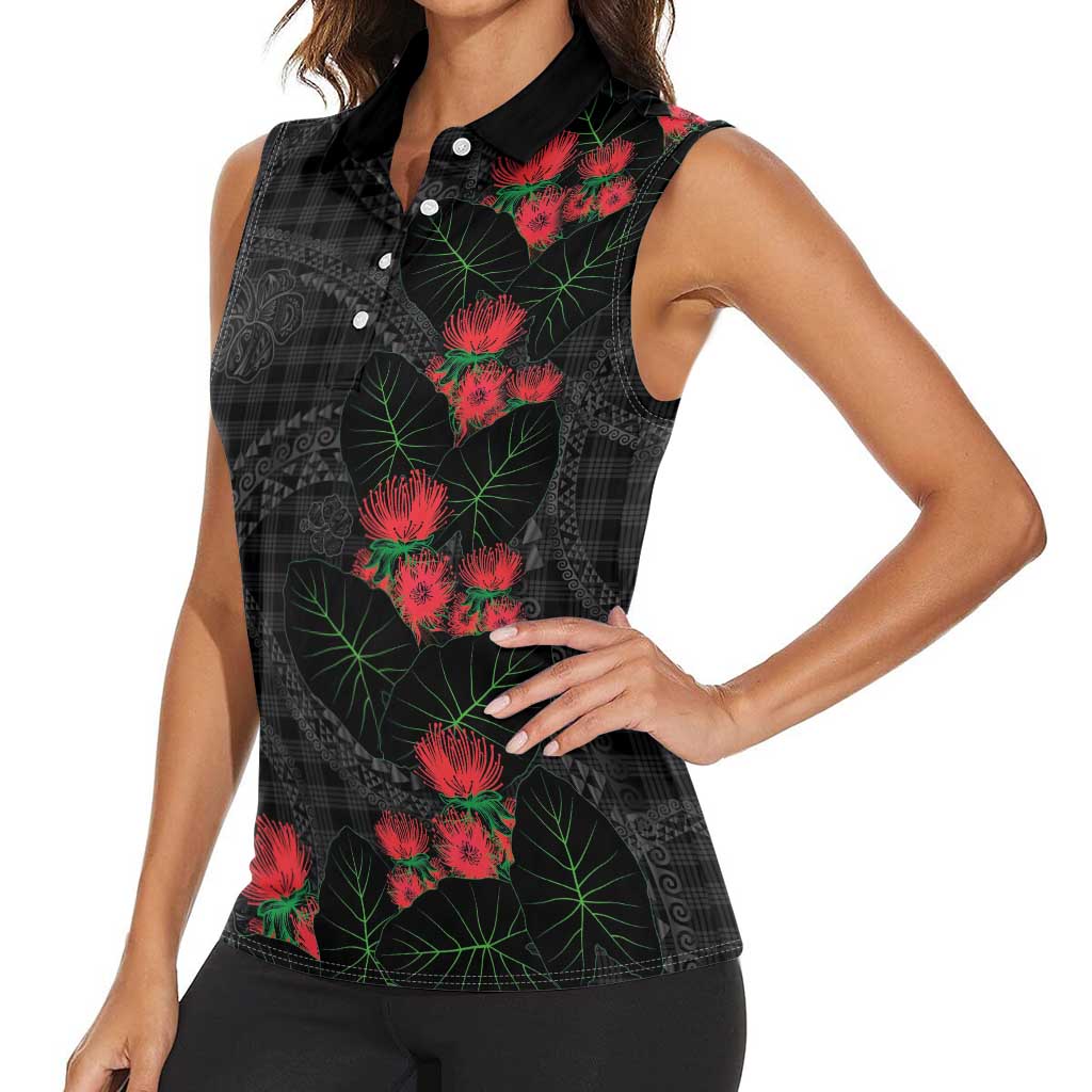 Hawaiian Kakau Art Women Sleeveless Polo Shirt Taro Leaves with Ohia Lehua and Pakala Pattern - Polynesian Pride