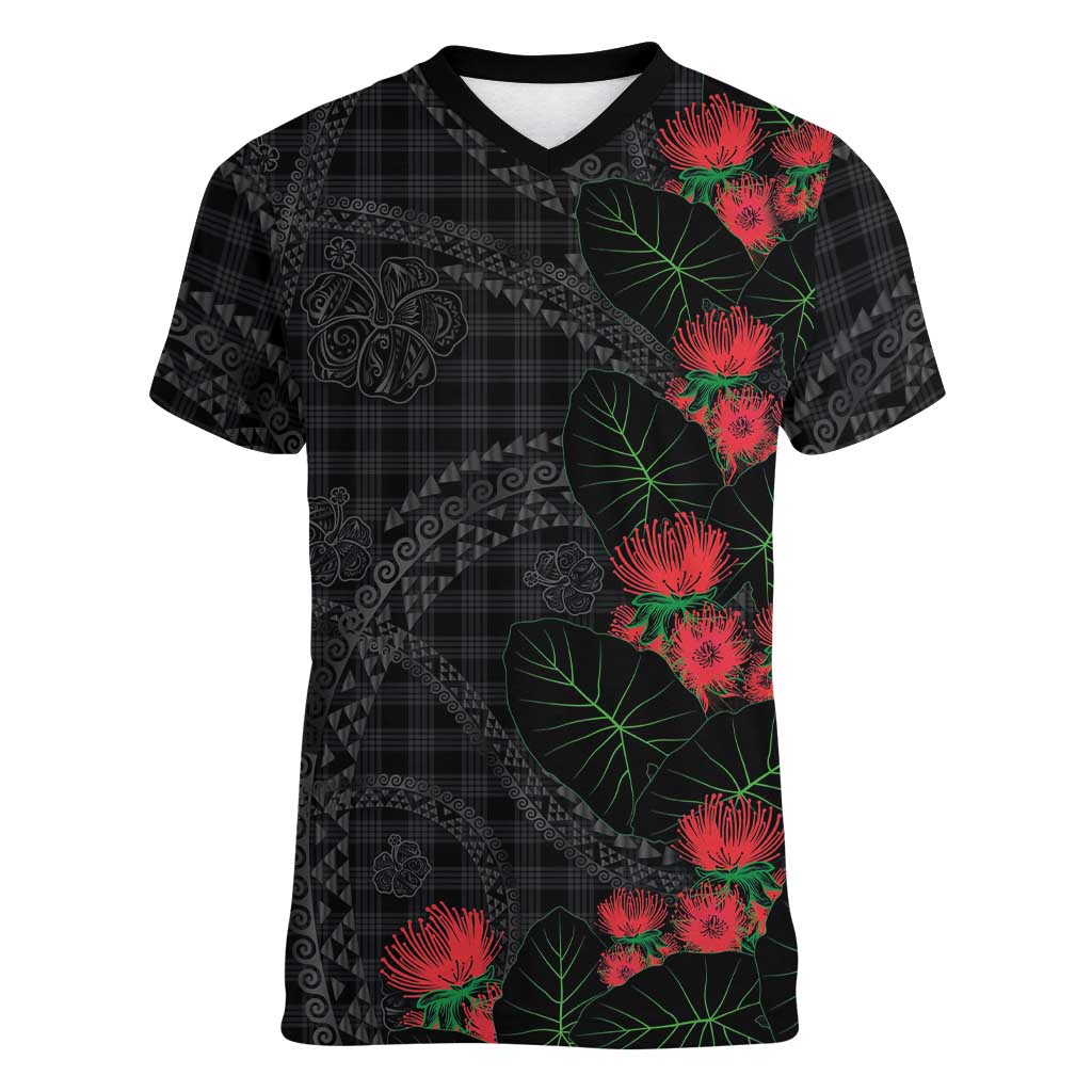Hawaiian Kakau Art Women V-Neck T-Shirt Taro Leaves with Ohia Lehua and Pakala Pattern - Polynesian Pride