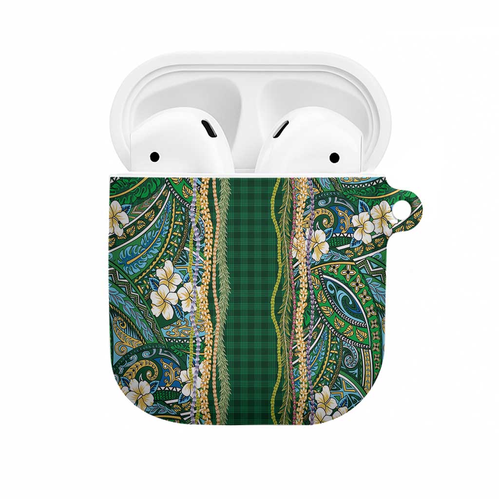 Hawaiian Art Flower Tribal with Lei AirPods Case Palaka Pattern Green Color LT03 Green - Polynesian Pride