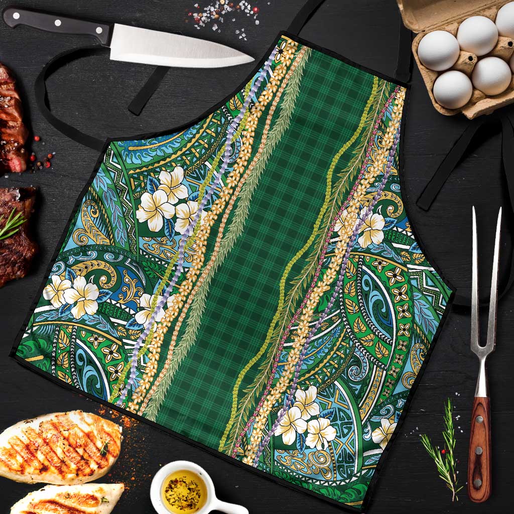 Hawaiian Art Flower Tribal with Lei Apron Palaka Pattern Green Color - Polynesian Pride