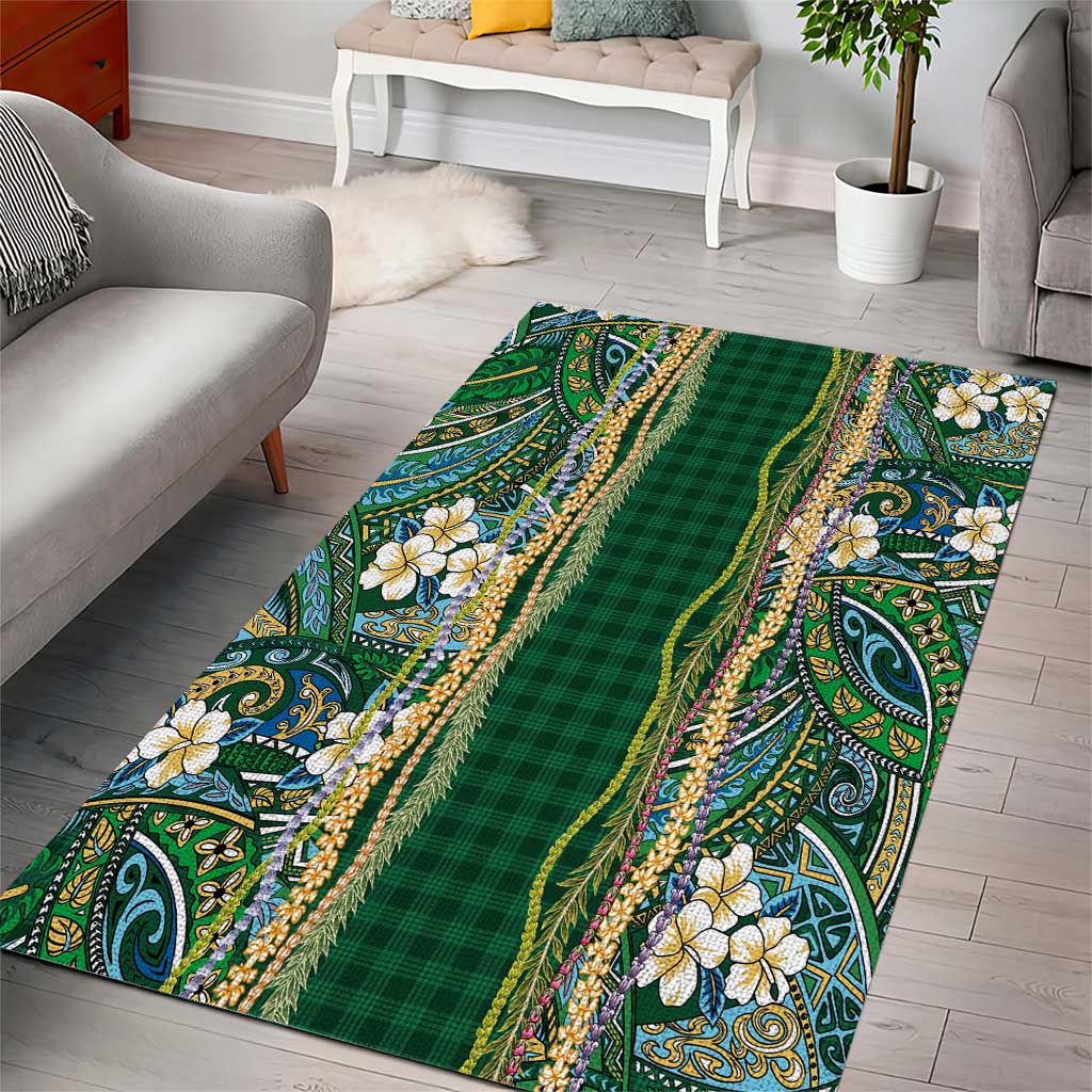 Hawaiian Art Flower Tribal with Lei Area Rug Palaka Pattern Green Color - Polynesian Pride