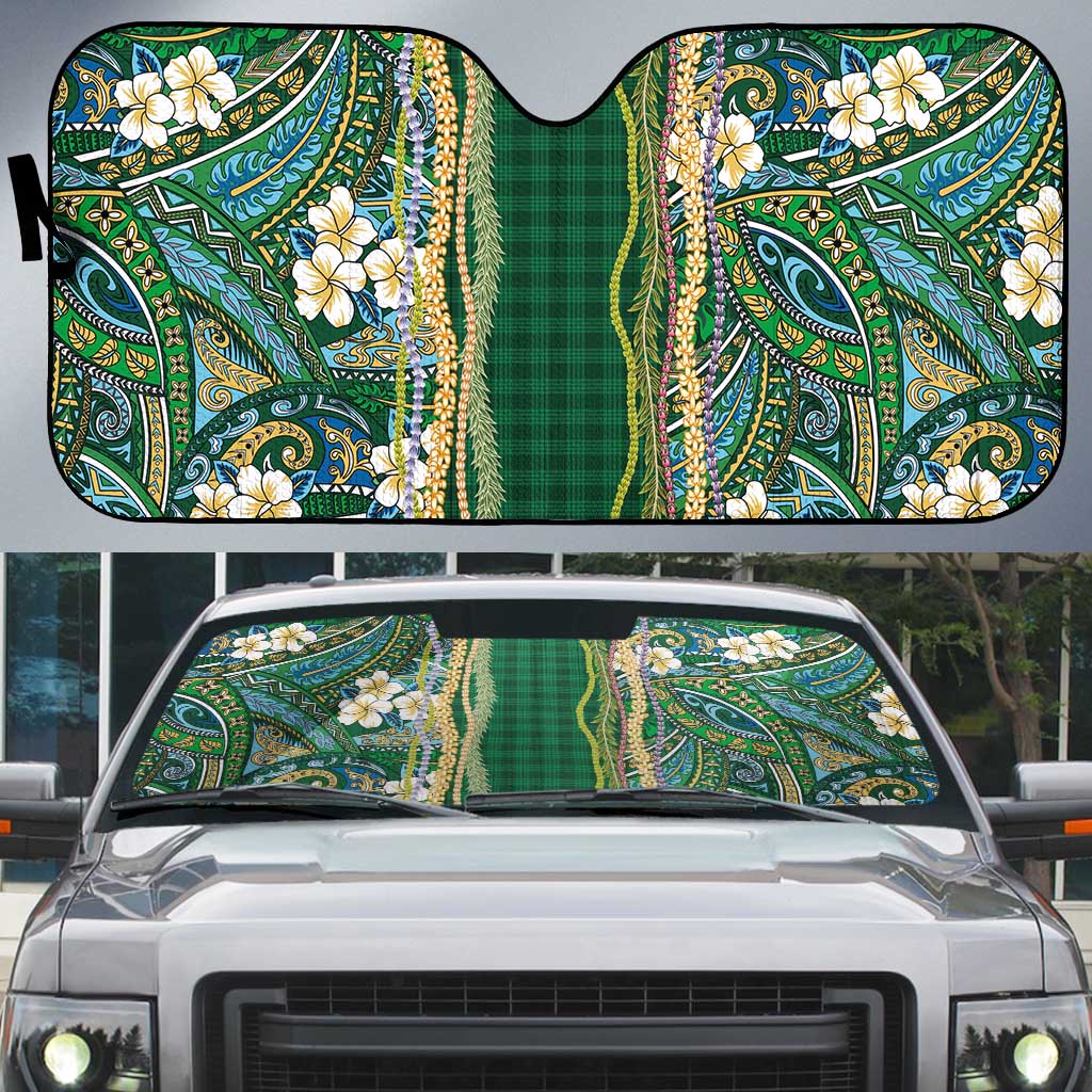 Hawaiian Art Flower Tribal with Lei Auto Sun Shade Palaka Pattern Green Color - Polynesian Pride