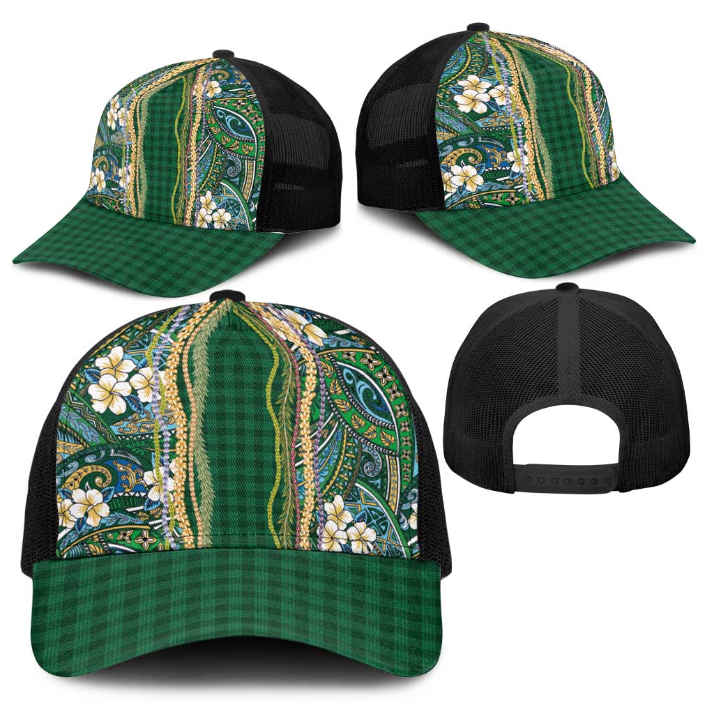 Hawaiian Art Flower Tribal with Lei Baseball Net Cap Palaka Pattern Green Color - Polynesian Pride