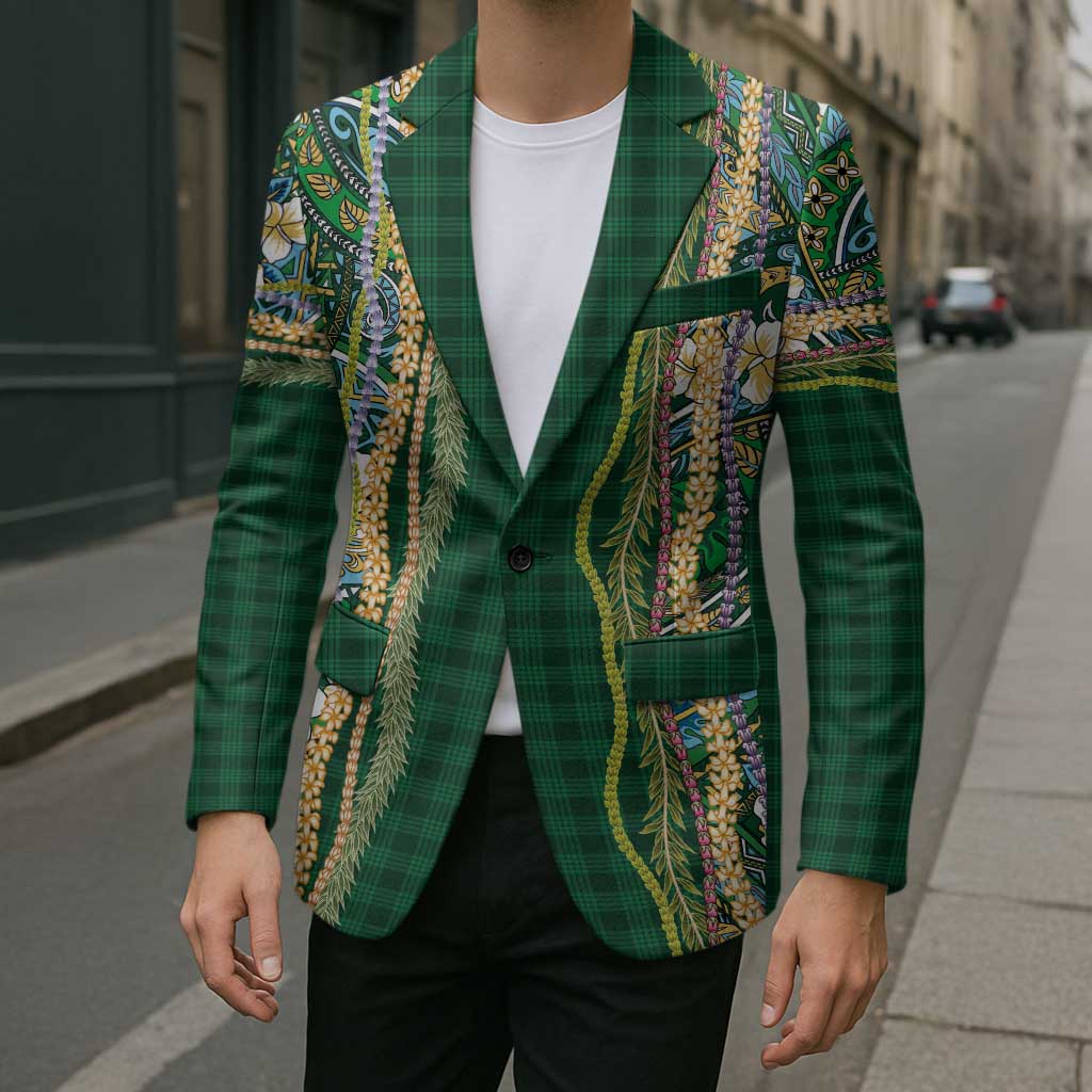 Hawaiian Art Flower Tribal with Lei Blazer Palaka Pattern Green Color - Polynesian Pride