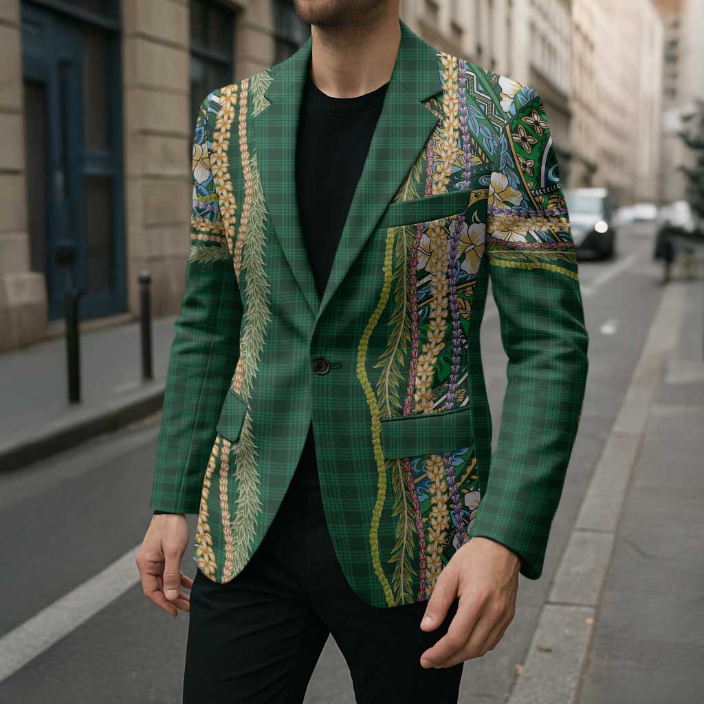 Hawaiian Art Flower Tribal with Lei Blazer Palaka Pattern Green Color - Polynesian Pride