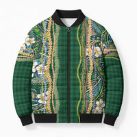 Hawaiian Art Flower Tribal with Lei Bomber Puffer Jacket Palaka Pattern Green Color - Polynesian Pride