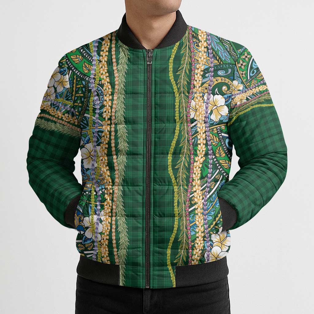 Hawaiian Art Flower Tribal with Lei Bomber Puffer Jacket Palaka Pattern Green Color - Polynesian Pride